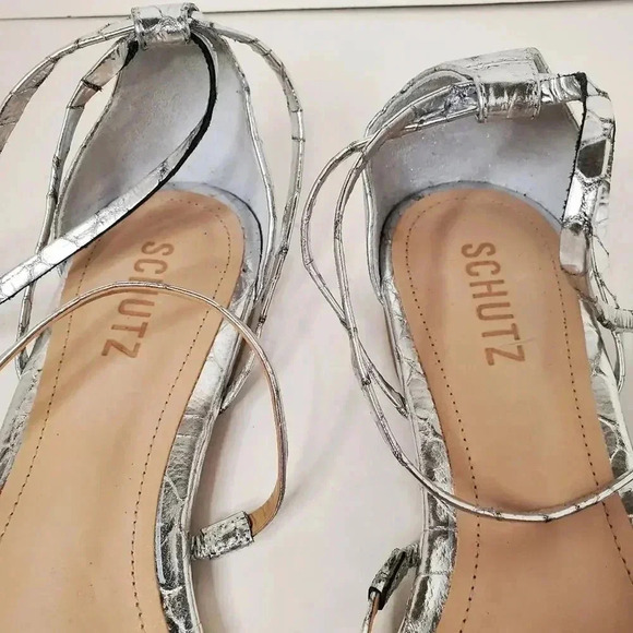 SCHUTZ Krist Flat Sandals in Croc-embossed Metallic Leather 10B - Picture 9 of 14